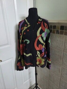 Chico's Black Silk Zip Up Shirt/jacket with Multicolor Embroidery Artsy Boho Lg.